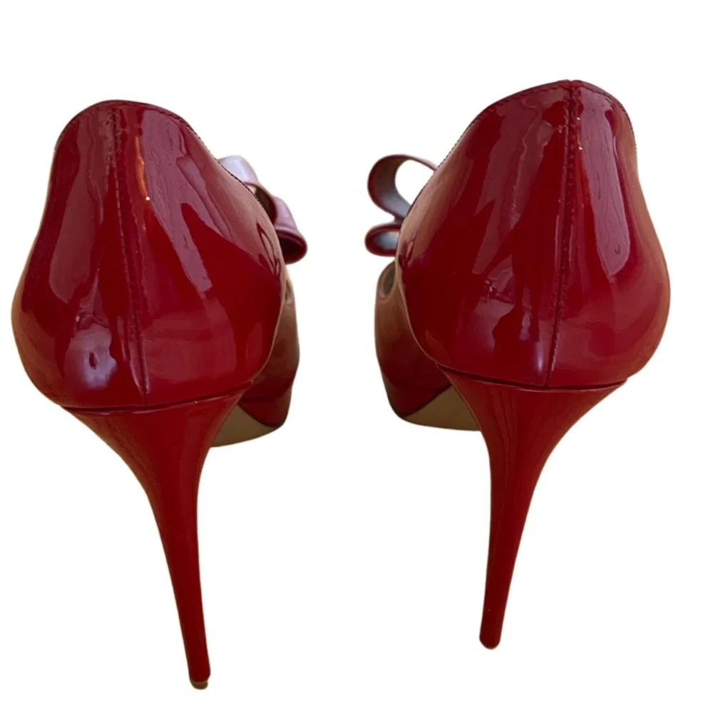 Valentino Garavani Red Patent Leather Bow Peep-Toe Stiletto Pumps